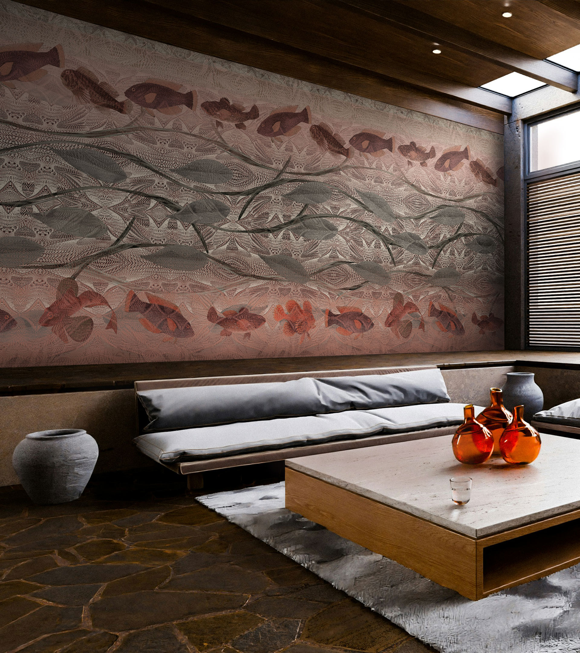 The Nami seamless wallcover in a Japanese-inspired contemporary interior.