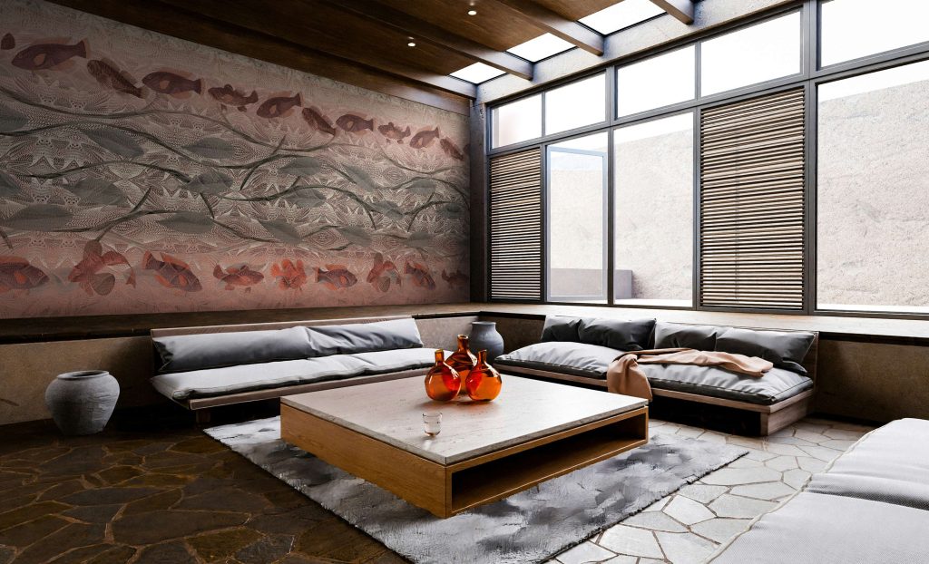 The Nami seamless wallcover in a Japanese-inspired contemporary interior.