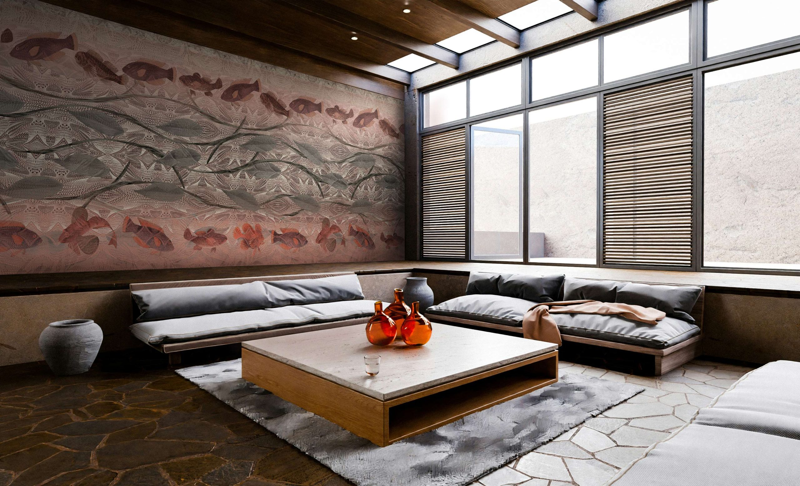 The Nami seamless wallcover in a Japanese-inspired contemporary interior.