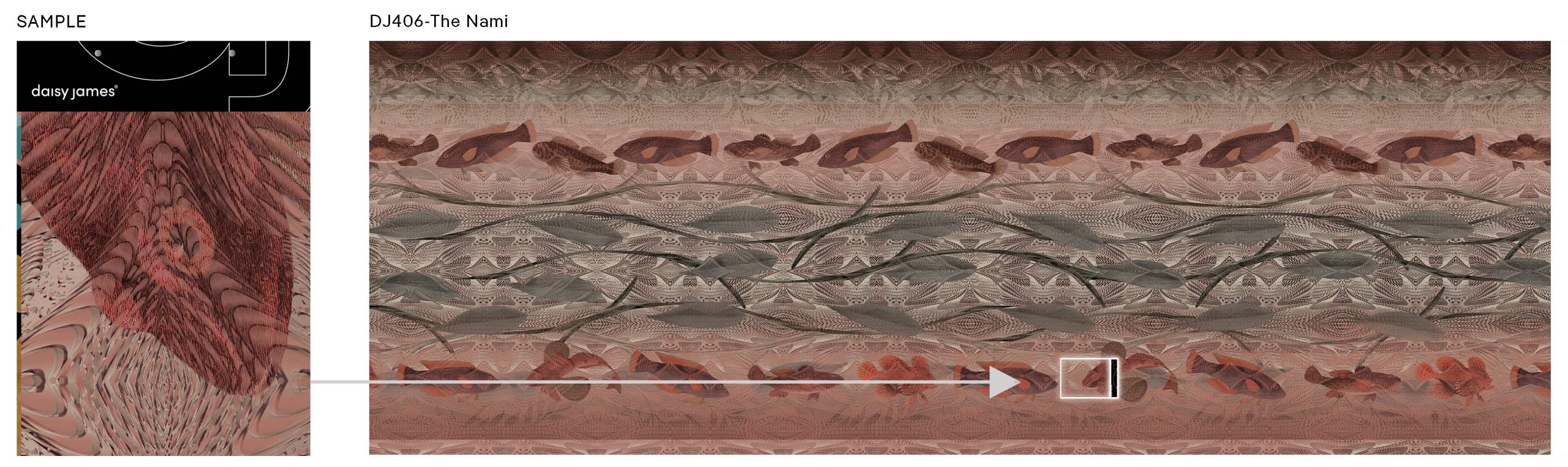 Sample presentation of The Nami wallcover showing the complete artwork and material sample.