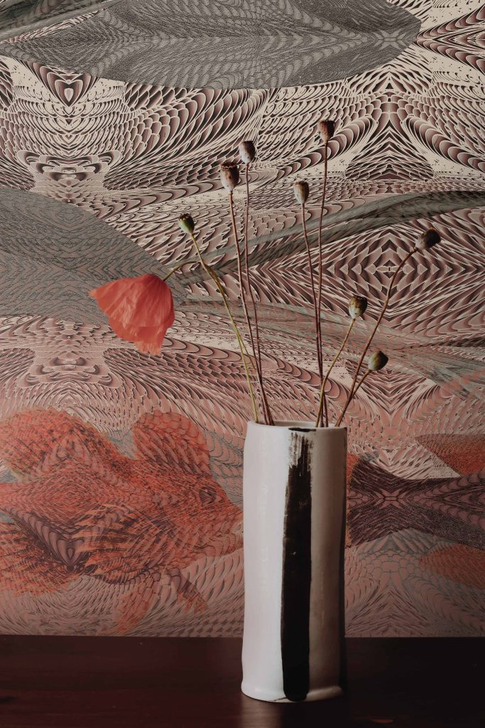 nterior styling detail featuring The Nami wallcover with decorative flowers.