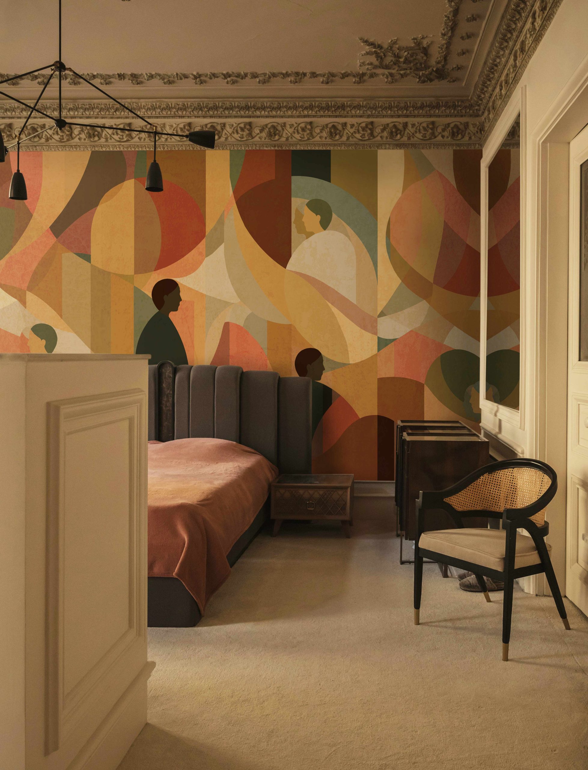 The Sun seamless wallcover creating warmth in a modern bedroom interior.