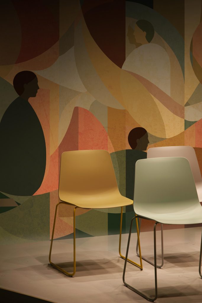 Colour palette presentation of The Sun wallcover featuring carefully styled furniture and accessories by daisy james.
