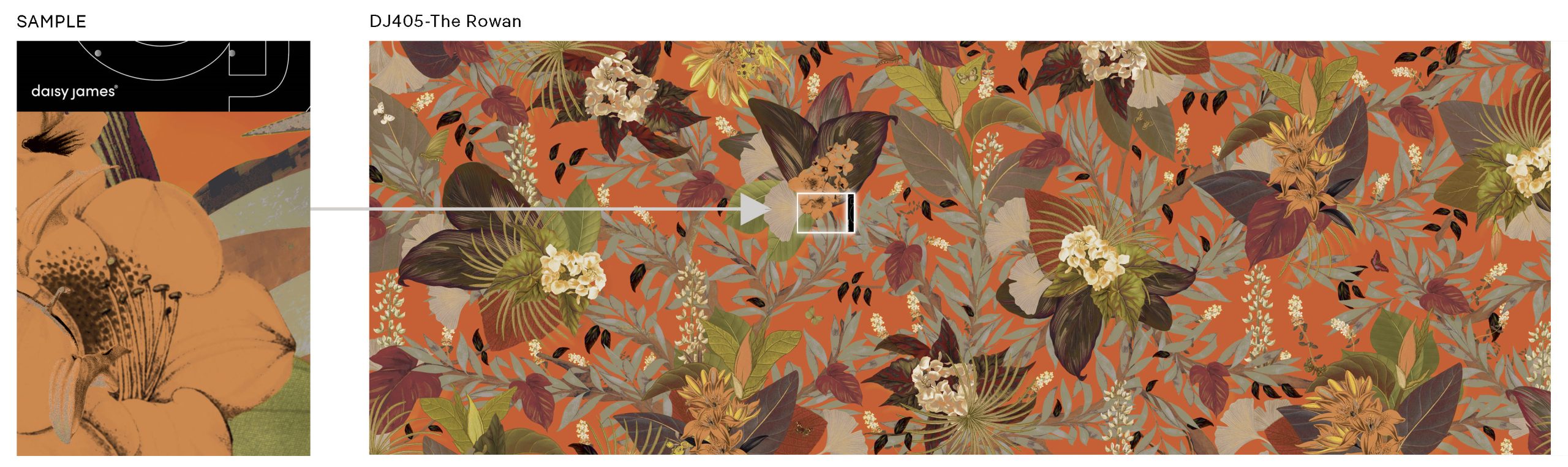 Sample presentation of The Rowan wallcover showing the full design and material sample.