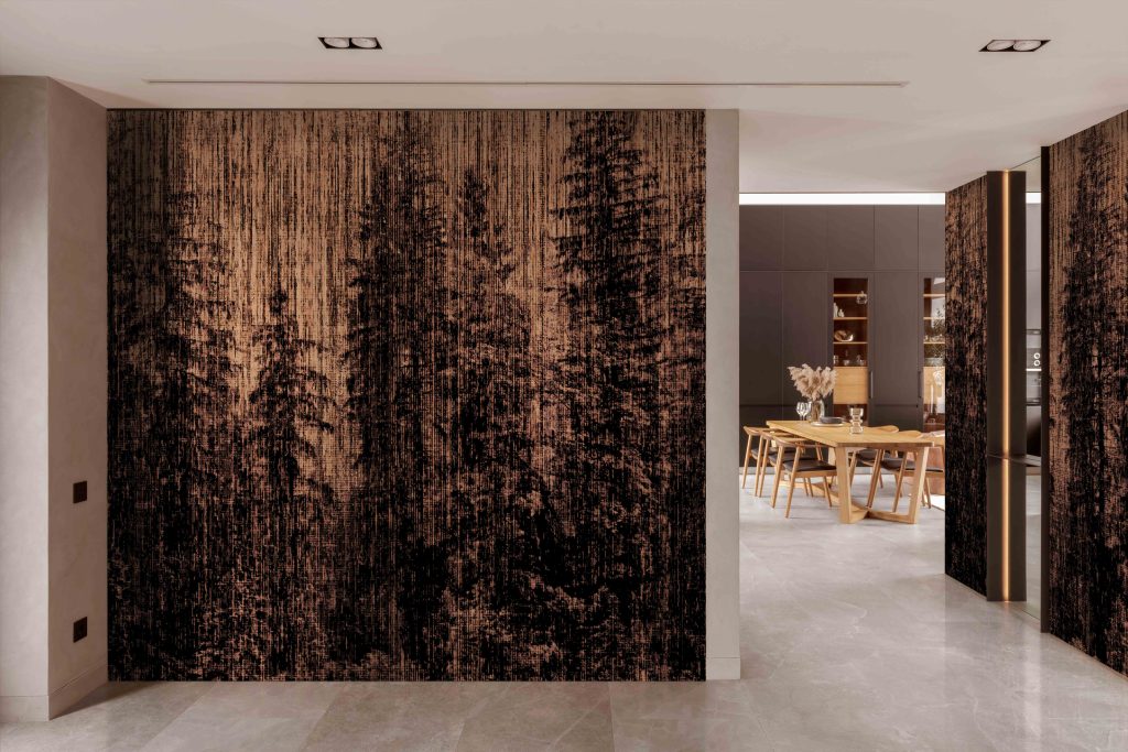 The Silva abstract forest wallcover in a contemporary designer interior.