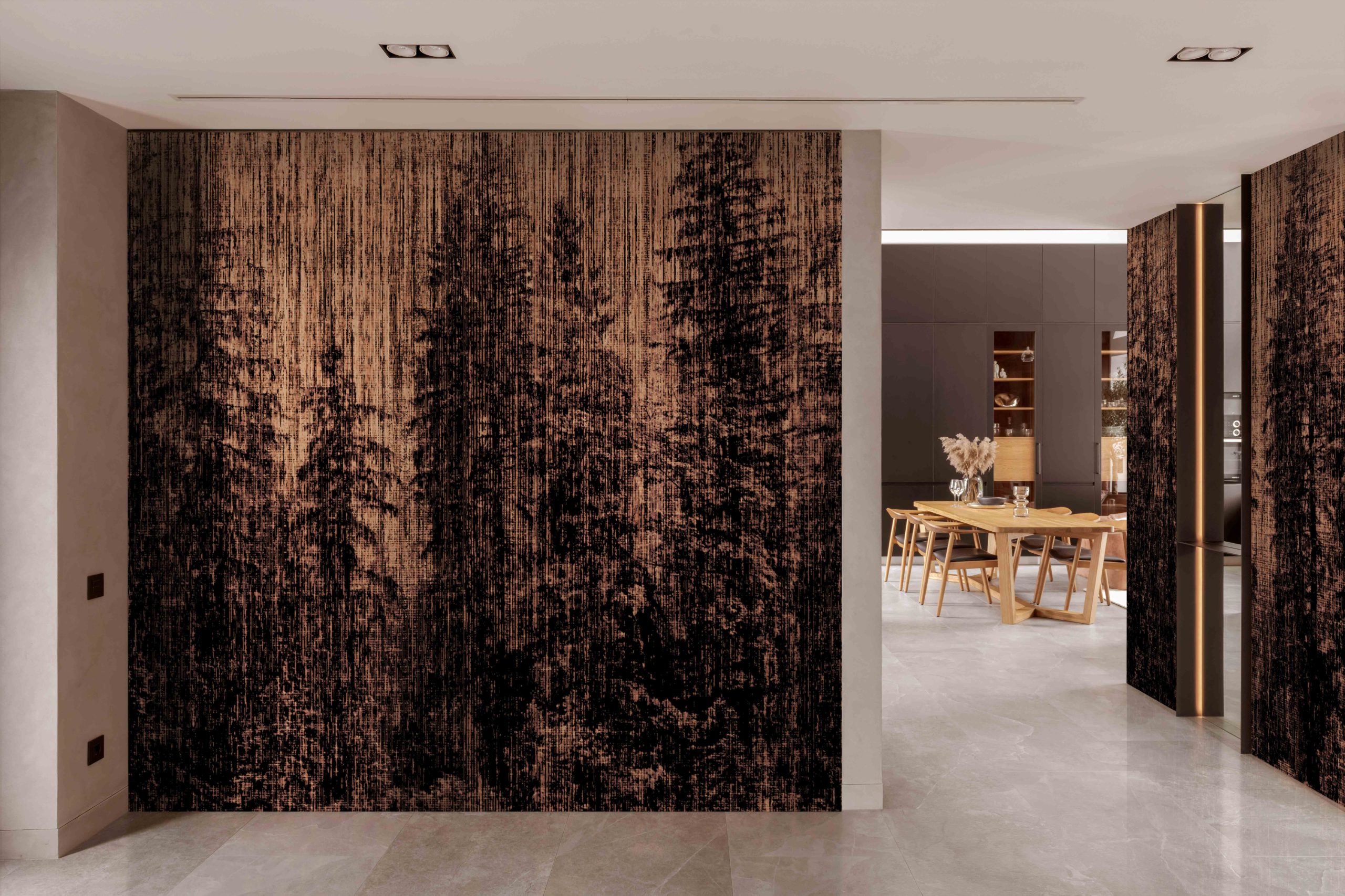 The Silva abstract forest wallcover in a contemporary designer interior.