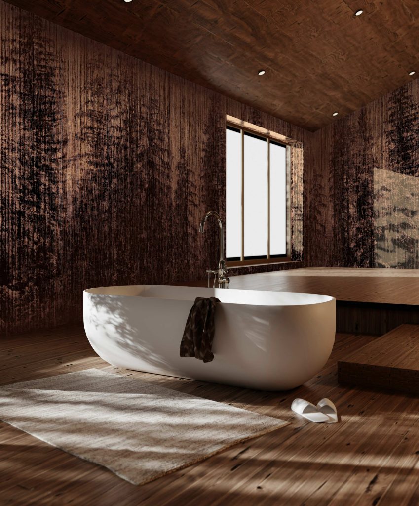 The Silva wallcover bringing warmth and depth to a luxurious bathroom.