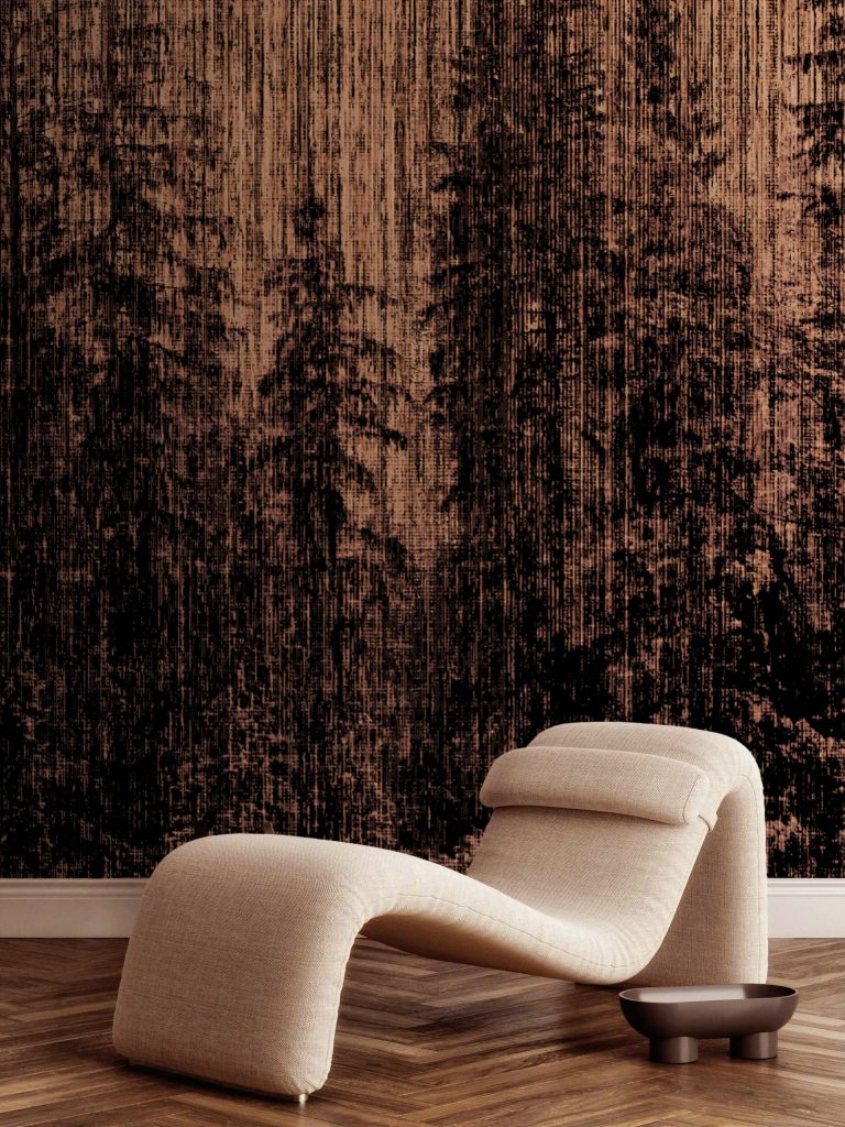 Interior design feature highlighting The Silva wallcover with contemporary furniture.