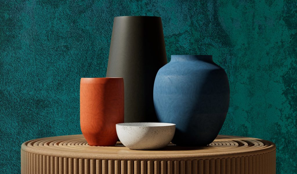 The Cruze wallcover combined with decorative vases and interior materials