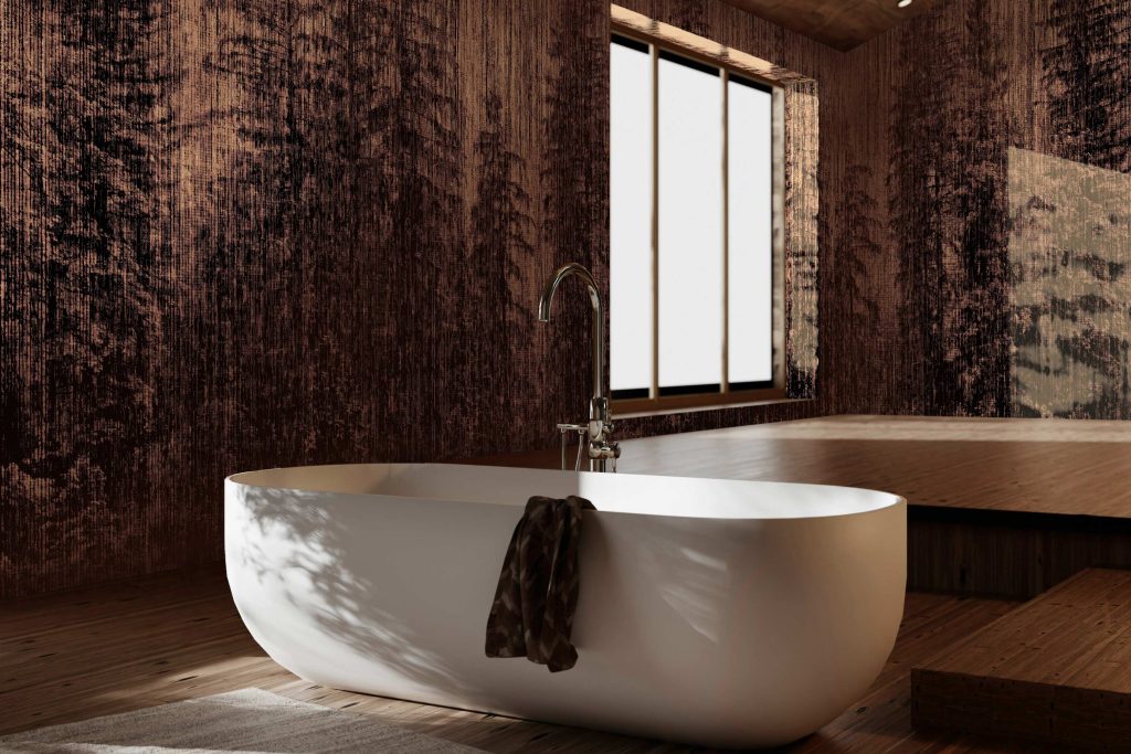 The Silva wallcover bringing warmth and depth to a luxurious bathroom.
