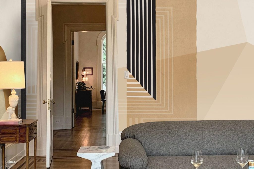 Continuous wallcovering composition designed in relation to the architecture of an interior.