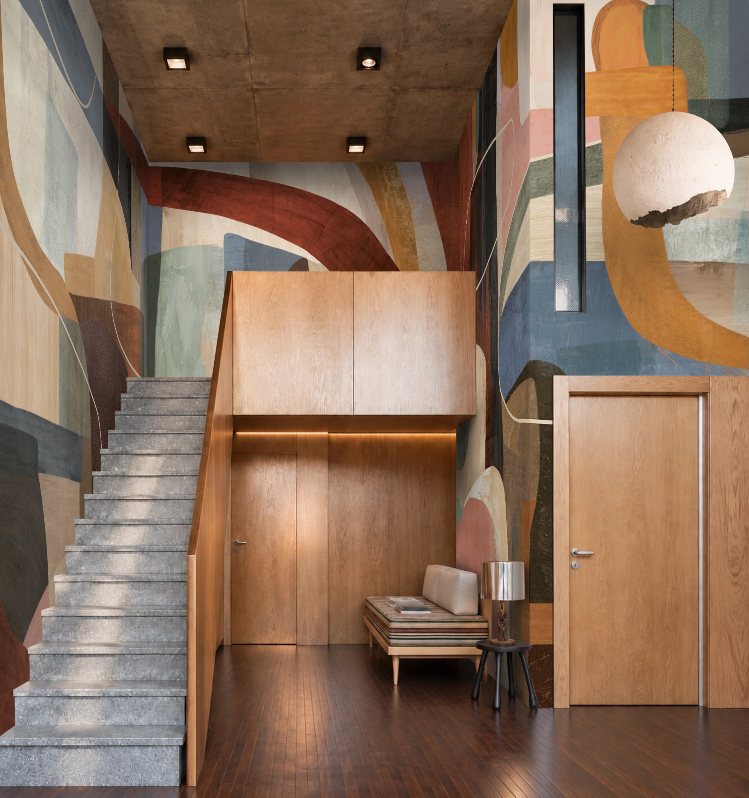 The Forma geometric wallcover by daisy james featuring abstract colour blocks inspired by mid-century modern design.
