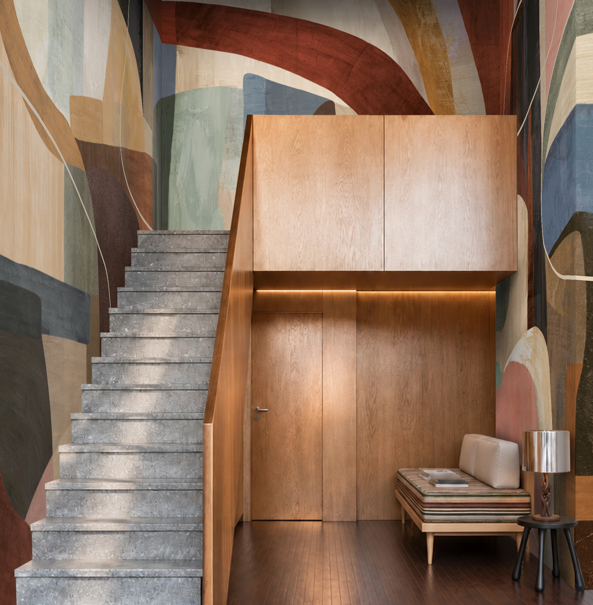 The Forma geometric wallcover by daisy james featuring abstract colour blocks inspired by mid-century modern design.